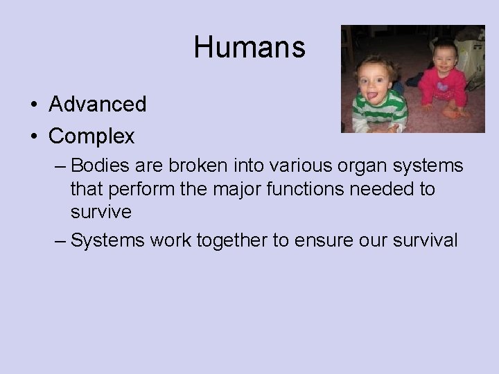 Humans • Advanced • Complex – Bodies are broken into various organ systems that Humans • Advanced • Complex – Bodies are broken into various organ systems that