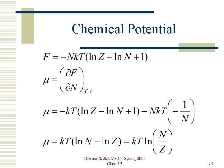 Chemical Potential Thermo & Stat Mech - Spring 2006 Class 19 20 