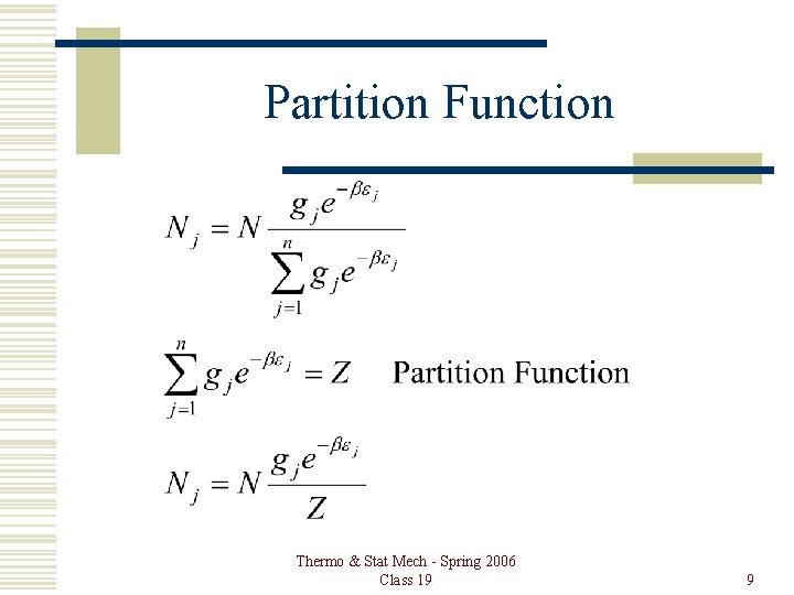 Partition Function Thermo & Stat Mech - Spring 2006 Class 19 9 