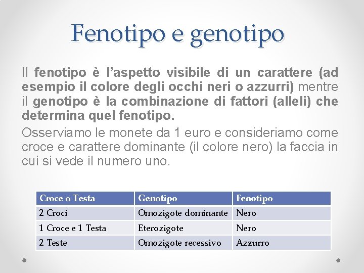 Fenotipo e genotipo Il fenotipo è l’aspetto visibile di un carattere (ad esempio il