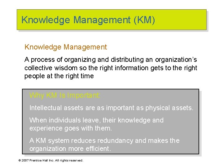 Knowledge Management (KM) Knowledge Management A process of organizing and distributing an organization’s collective