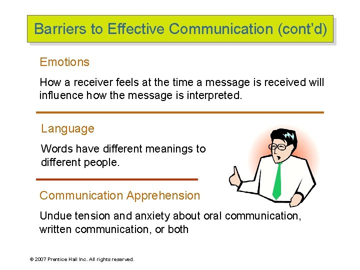 Barriers to Effective Communication (cont’d) Emotions How a receiver feels at the time a