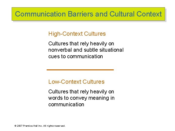 Communication Barriers and Cultural Context High-Context Cultures that rely heavily on nonverbal and subtle