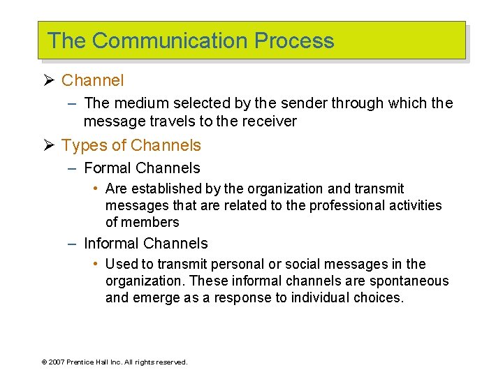 The Communication Process Ø Channel – The medium selected by the sender through which
