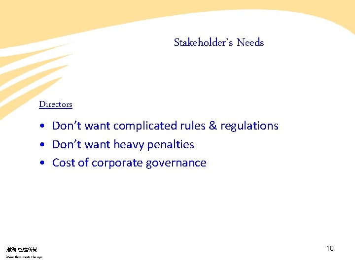 Stakeholder’s Needs Directors • Don’t want complicated rules & regulations • Don’t want heavy Stakeholder’s Needs Directors • Don’t want complicated rules & regulations • Don’t want heavy