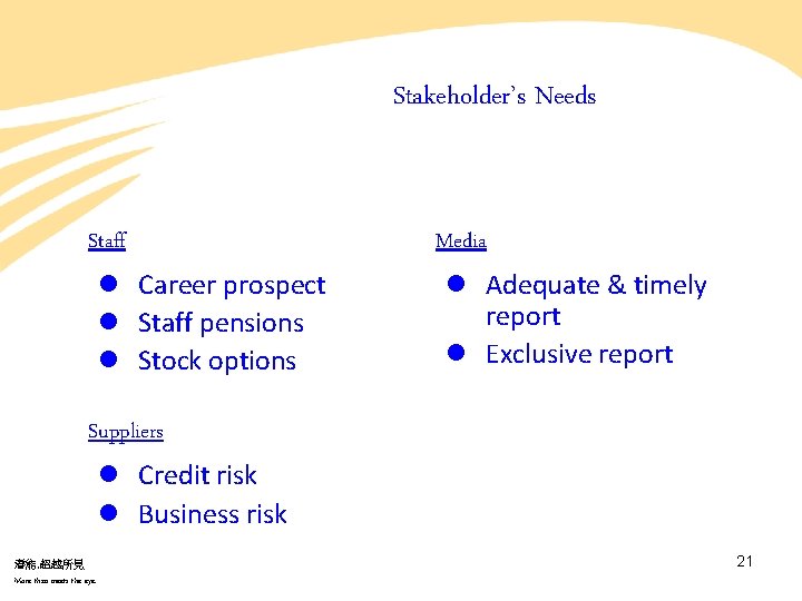 Stakeholder’s Needs Staff l Career prospect l Staff pensions l Stock options Media l Stakeholder’s Needs Staff l Career prospect l Staff pensions l Stock options Media l