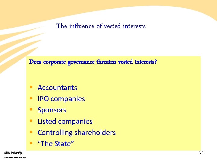 The influence of vested interests Does corporate governance threaten vested interests? § § § The influence of vested interests Does corporate governance threaten vested interests? § § §