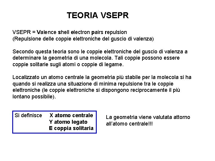 TEORIA VSEPR = Valence shell electron pairs repulsion (Repulsione delle coppie elettroniche del guscio