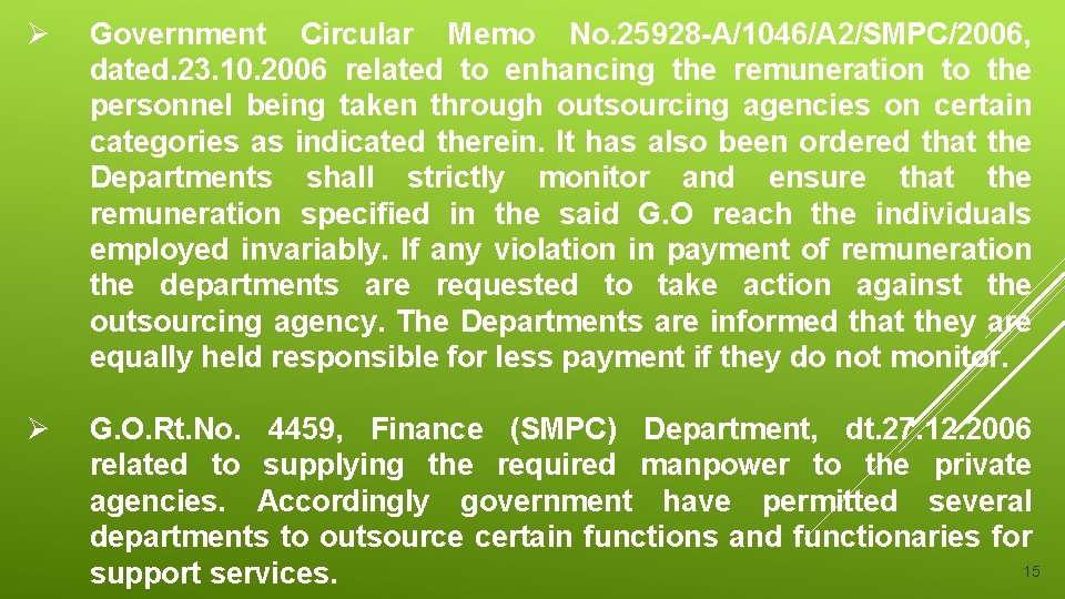Ø Government Circular Memo No. 25928 -A/1046/A 2/SMPC/2006, dated. 23. 10. 2006 related to