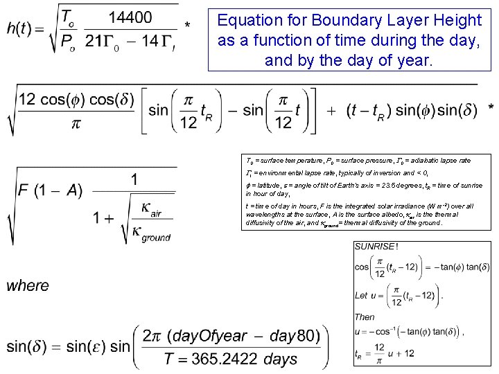 Equation for Boundary Layer Height as a function of time during the day, and