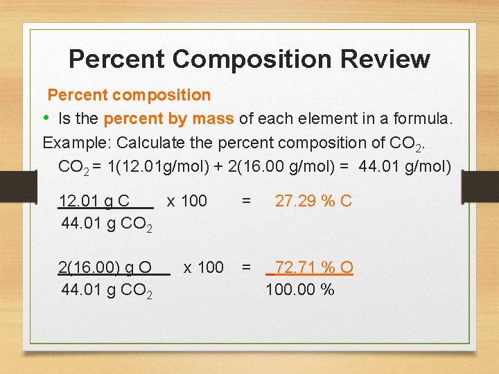 Percent Composition Review Percent composition • Is the percent by mass of each element