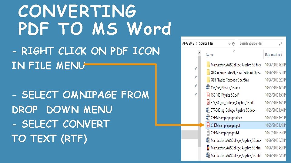 CONVERTING PDF TO MS Word - RIGHT CLICK ON PDF ICON IN FILE MENU