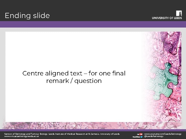 Ending slide Centre aligned text – for one final remark / question Section of