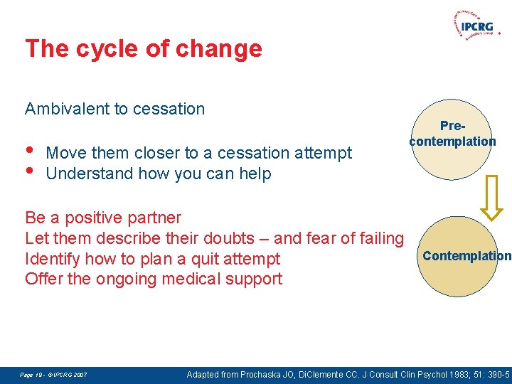 The cycle of change Ambivalent to cessation • • Move them closer to a