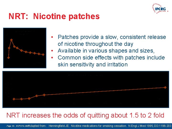 NRT: Nicotine patches • Patches provide a slow, consistent release of nicotine throughout the