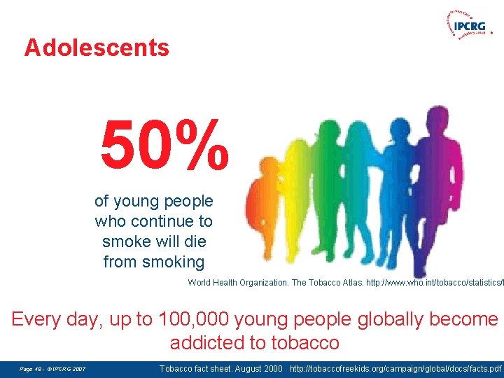 Adolescents 50% of young people who continue to smoke will die from smoking World