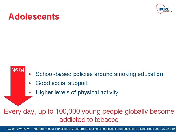 Adolescents • School-based policies around smoking education Risk • Good social support • Higher