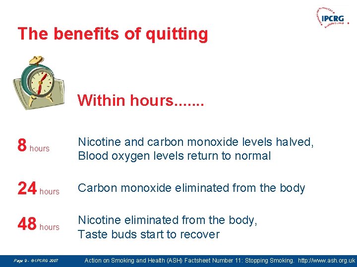 The benefits of quitting Within hours. . . . 8 hours Nicotine and carbon