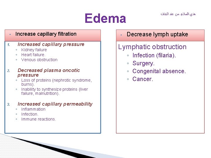 Edema • 1. 2. Increase capillary filtration Increased capillary pressure ◦ Kidney failure ◦