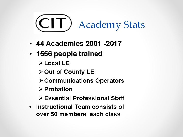 Academy Stats • 44 Academies 2001 -2017 • 1556 people trained Ø Local LE