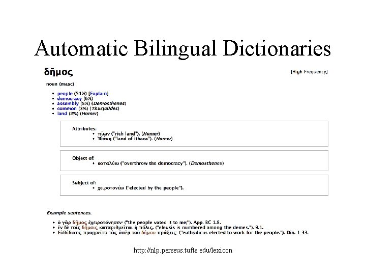 Automatic Bilingual Dictionaries http: //nlp. perseus. tufts. edu/lexicon Automatic Bilingual Dictionaries http: //nlp. perseus. tufts. edu/lexicon