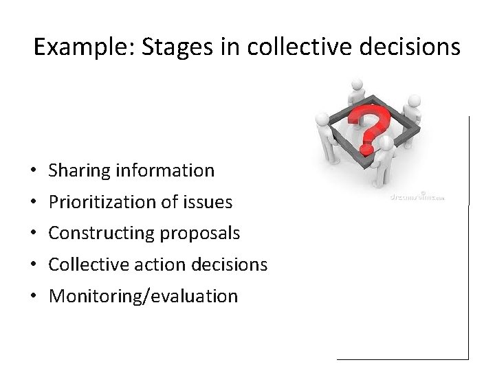 Example: Stages in collective decisions • • • Sharing information Prioritization of issues Constructing