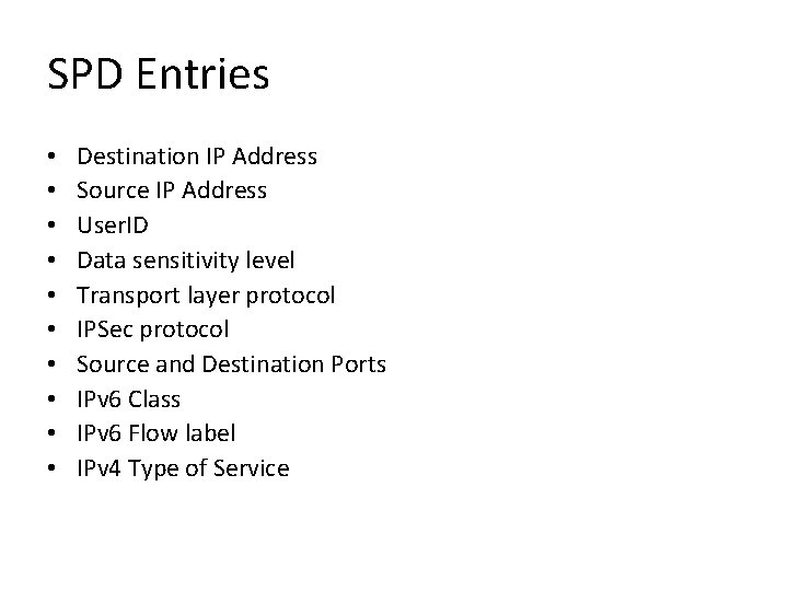 SPD Entries • • • Destination IP Address Source IP Address User. ID Data SPD Entries • • • Destination IP Address Source IP Address User. ID Data
