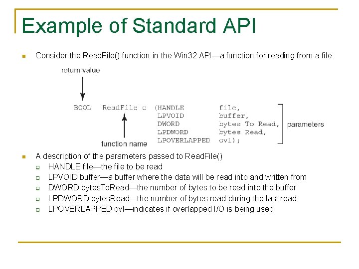 Example of Standard API n Consider the Read. File() function in the Win 32