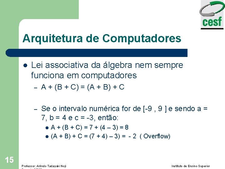 Arquitetura de Computadores l Lei associativa da álgebra nem sempre funciona em computadores –