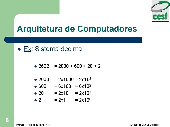 Arquitetura de Computadores l Ex: Sistema decimal l 2622 = 2000 + 600 +