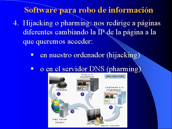 Software para robo de información 4. Hijacking o pharming: nos redirige a páginas diferentes