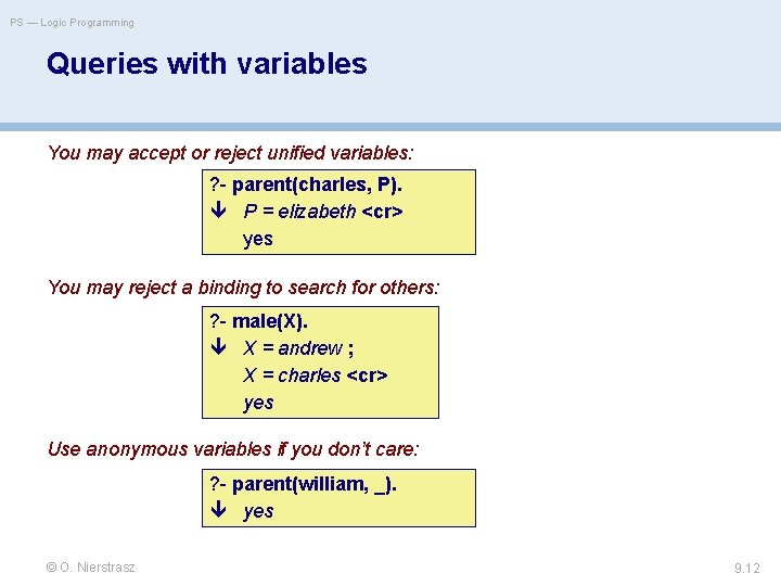 PS — Logic Programming Queries with variables You may accept or reject unified variables: