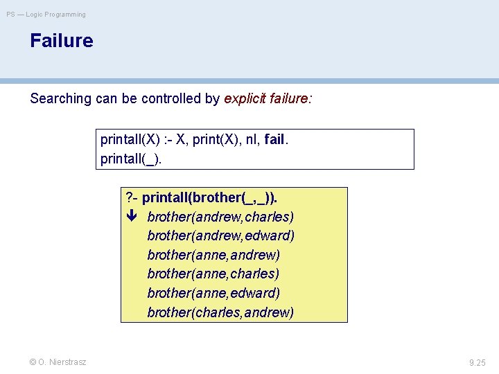 PS — Logic Programming Failure Searching can be controlled by explicit failure: printall(X) :