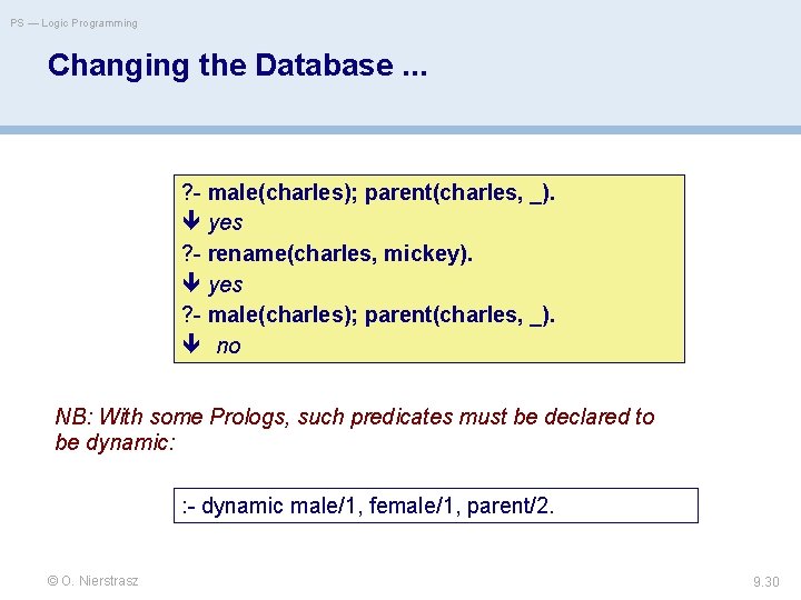 PS — Logic Programming Changing the Database. . . ? - male(charles); parent(charles, _).