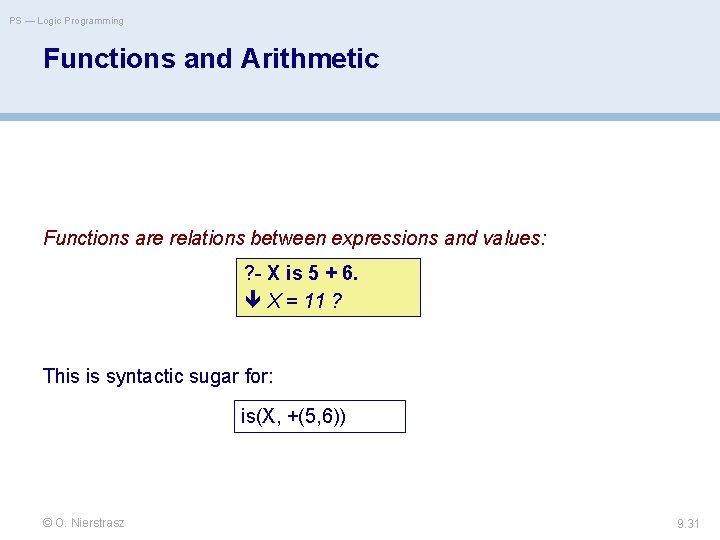 PS — Logic Programming Functions and Arithmetic Functions are relations between expressions and values: