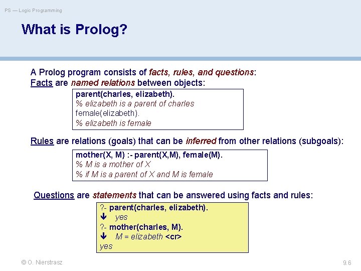 PS — Logic Programming What is Prolog? A Prolog program consists of facts, rules,