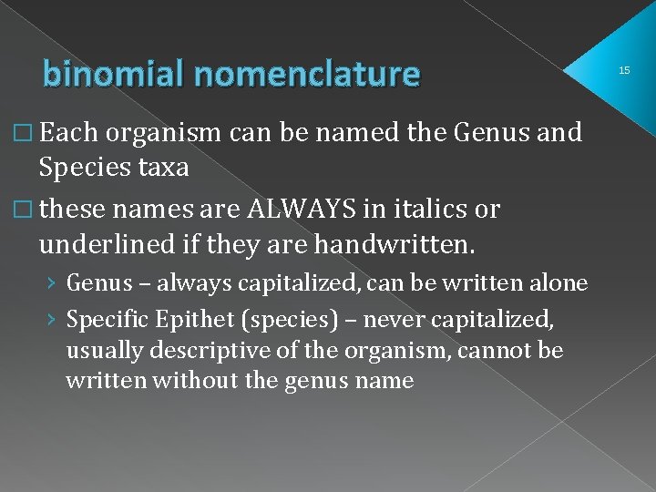 binomial nomenclature � Each organism can be named the Genus and Species taxa � binomial nomenclature � Each organism can be named the Genus and Species taxa �