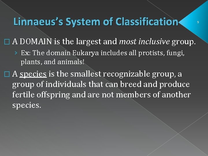 Linnaeus’s System of Classification � A DOMAIN is the largest and most inclusive group. Linnaeus’s System of Classification � A DOMAIN is the largest and most inclusive group.