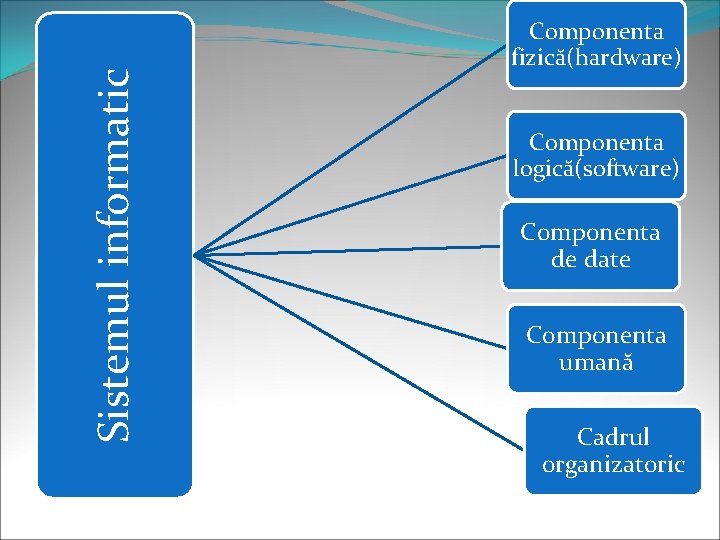 Sistemul informatic Componenta fizică(hardware) Componenta logică(software) Componenta de date Componenta umană Cadrul organizatoric Sistemul informatic Componenta fizică(hardware) Componenta logică(software) Componenta de date Componenta umană Cadrul organizatoric