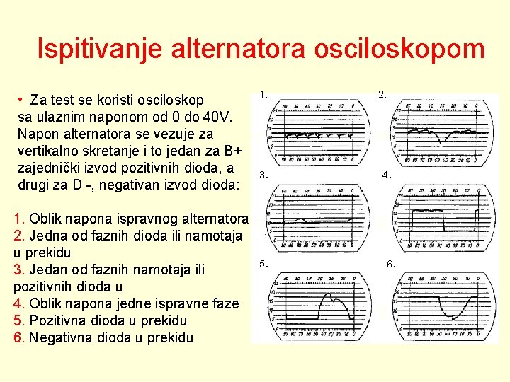 Ispitivanje alternatora osciloskopom • Za test se koristi osciloskop sa ulaznim naponom od 0