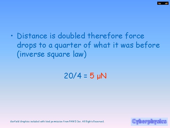  • Distance is doubled therefore force drops to a quarter of what it