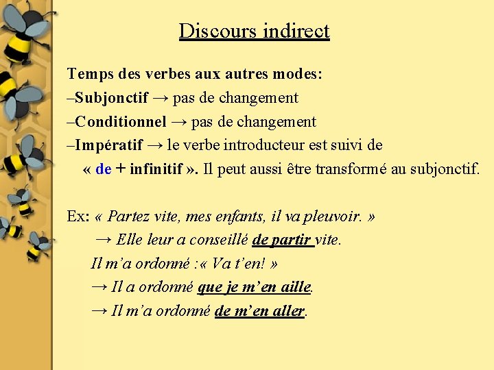 Discours indirect Temps des verbes aux autres modes: –Subjonctif → pas de changement –Conditionnel