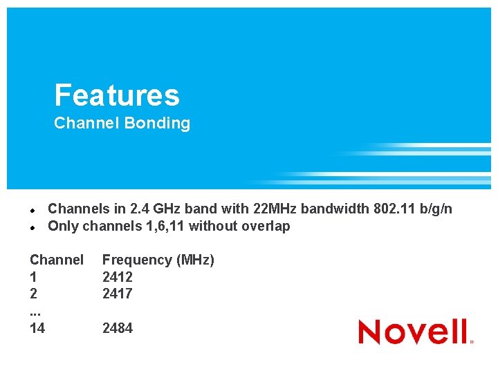 Features Channel Bonding Channels in 2. 4 GHz band with 22 MHz bandwidth 802.