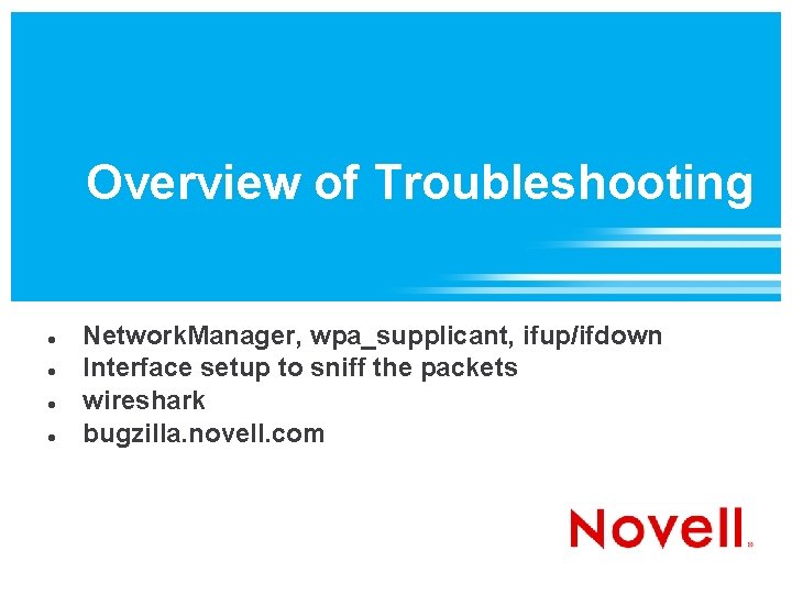 Overview of Troubleshooting Network. Manager, wpa_supplicant, ifup/ifdown Interface setup to sniff the packets wireshark