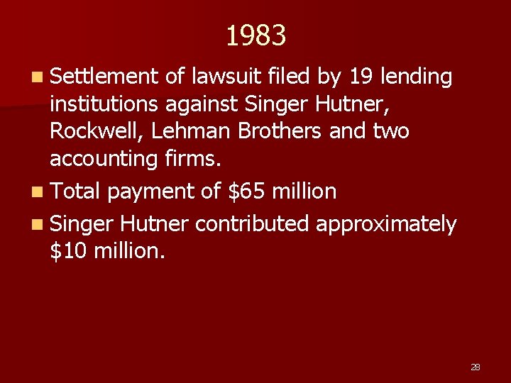 1983 n Settlement of lawsuit filed by 19 lending institutions against Singer Hutner, Rockwell, 1983 n Settlement of lawsuit filed by 19 lending institutions against Singer Hutner, Rockwell,