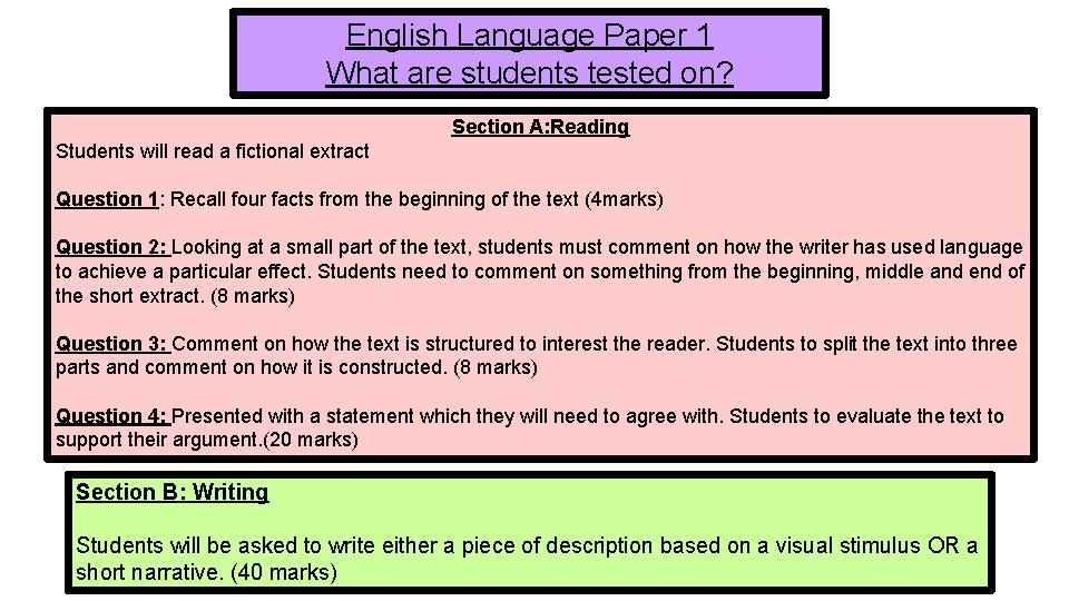 English Language Paper 1 What are students tested on? Section A: Reading Students will