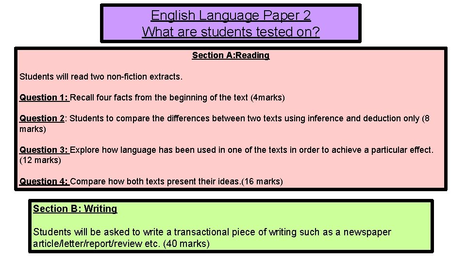 English Language Paper 2 What are students tested on? Section A: Reading Students will