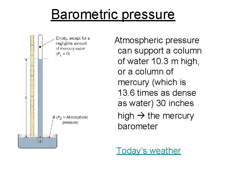 Barometric pressure Atmospheric pressure can support a column of water 10. 3 m high,