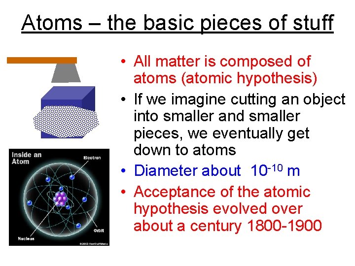 Atoms – the basic pieces of stuff • All matter is composed of atoms
