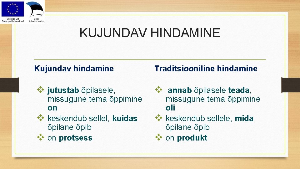 KUJUNDAV HINDAMINE Kujundav hindamine Traditsiooniline hindamine v jutustab õpilasele, v annab õpilasele teada, missugune